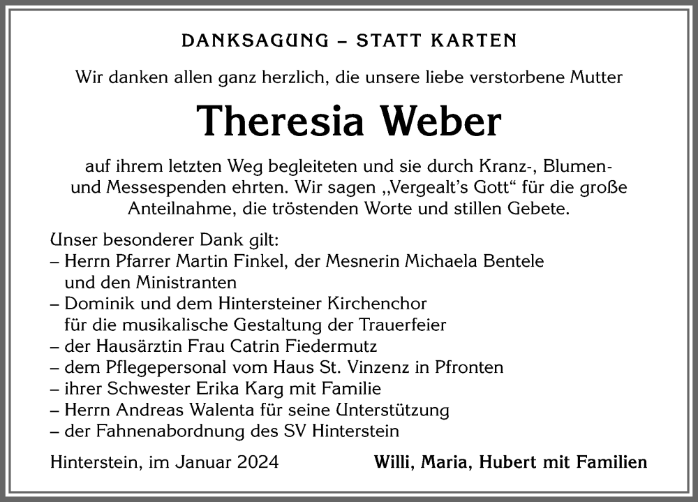 Traueranzeige von Theresia Weber von Allgäuer Anzeigeblatt