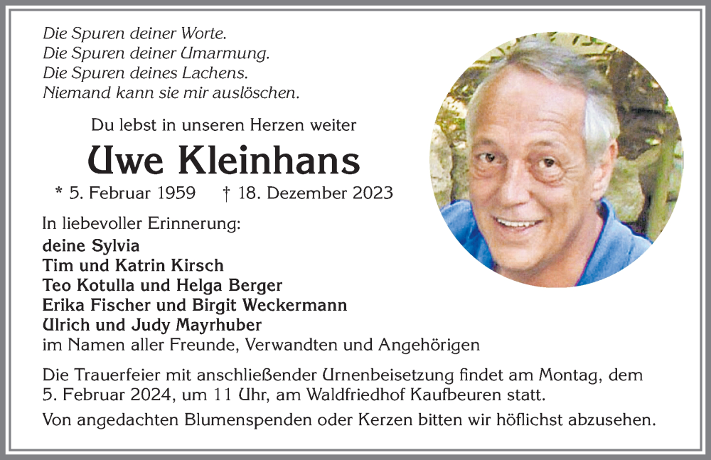 Traueranzeige von Uwe Kleinhans von Allgäuer Zeitung, Kaufbeuren/Buchloe