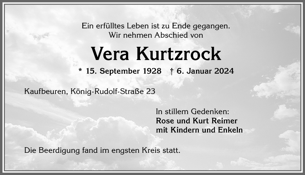 Traueranzeige von Vera Kurtzrock von Allgäuer Zeitung, Kaufbeuren/Buchloe