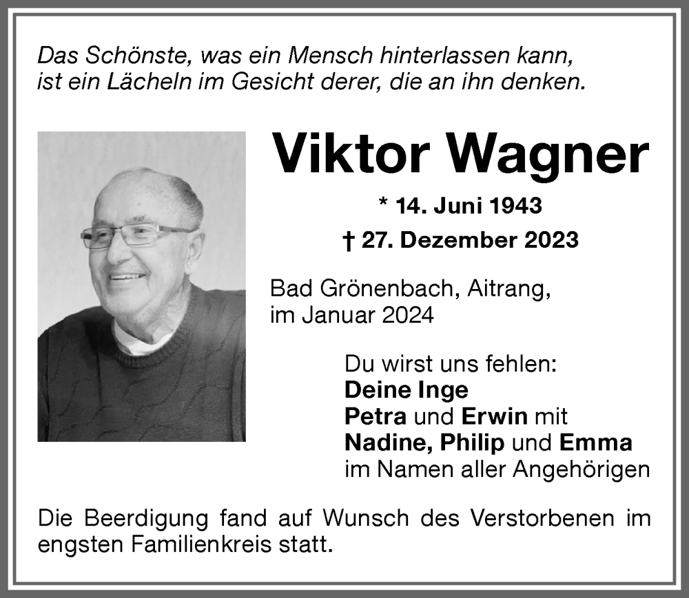 Traueranzeige von Viktor Wagner von Memminger Zeitung