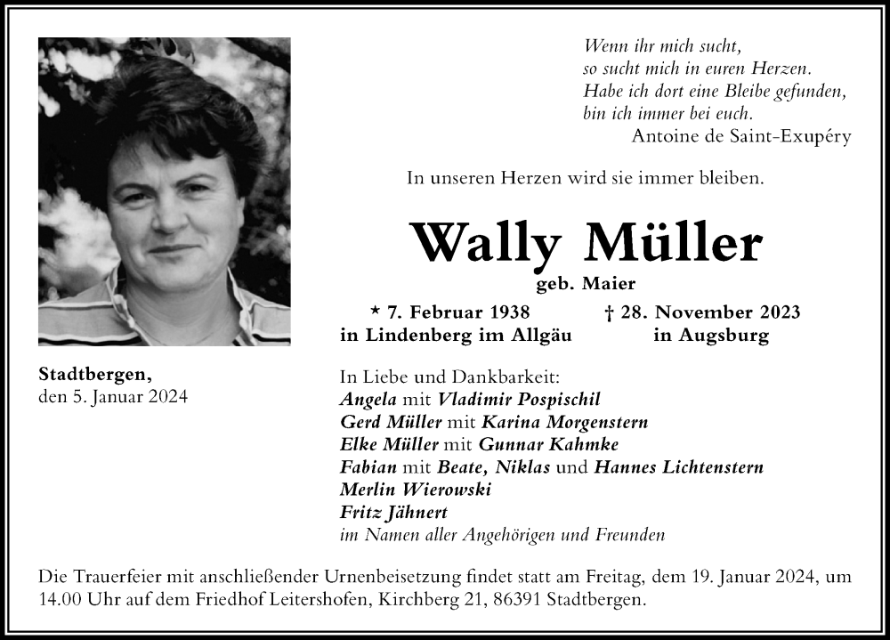 Traueranzeige von Wally Müller von Der Westallgäuer