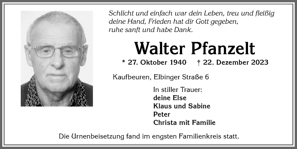 Traueranzeige von Walter Pfanzelt von Allgäuer Zeitung, Kaufbeuren/Buchloe