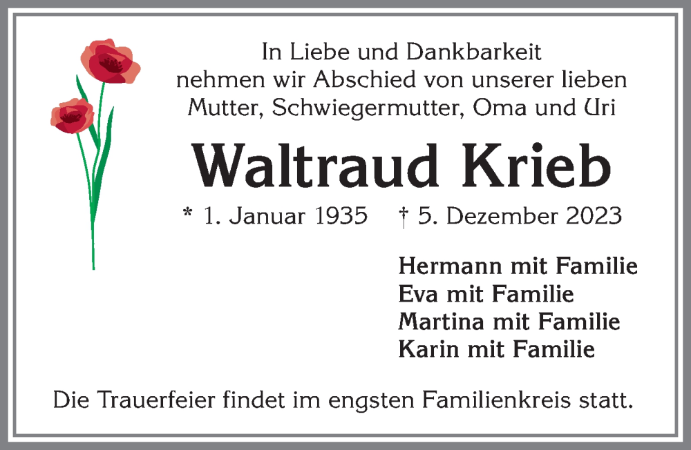 Traueranzeige von Waltraud Krieb von Allgäuer Zeitung, Kaufbeuren/Buchloe