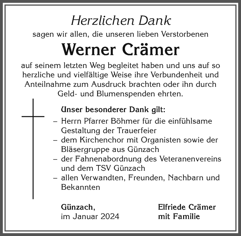 Traueranzeige von Werner Crämer von Allgäuer Zeitung, Marktoberdorf