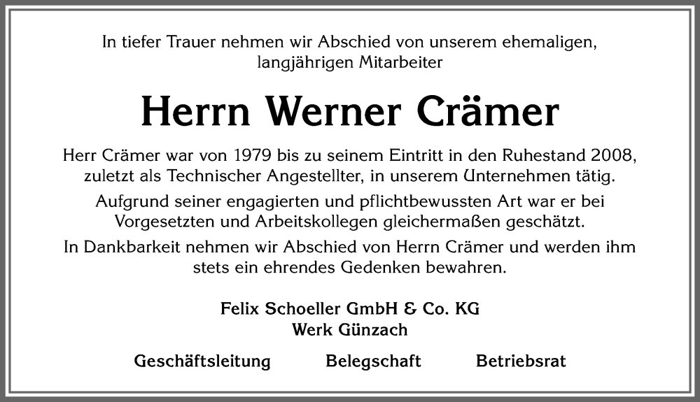 Traueranzeige von Werner Crämer von Allgäuer Zeitung, Marktoberdorf