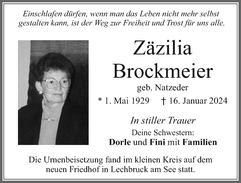 Traueranzeige von Zäzilia Brockmeier von Allgäuer Zeitung, Füssen