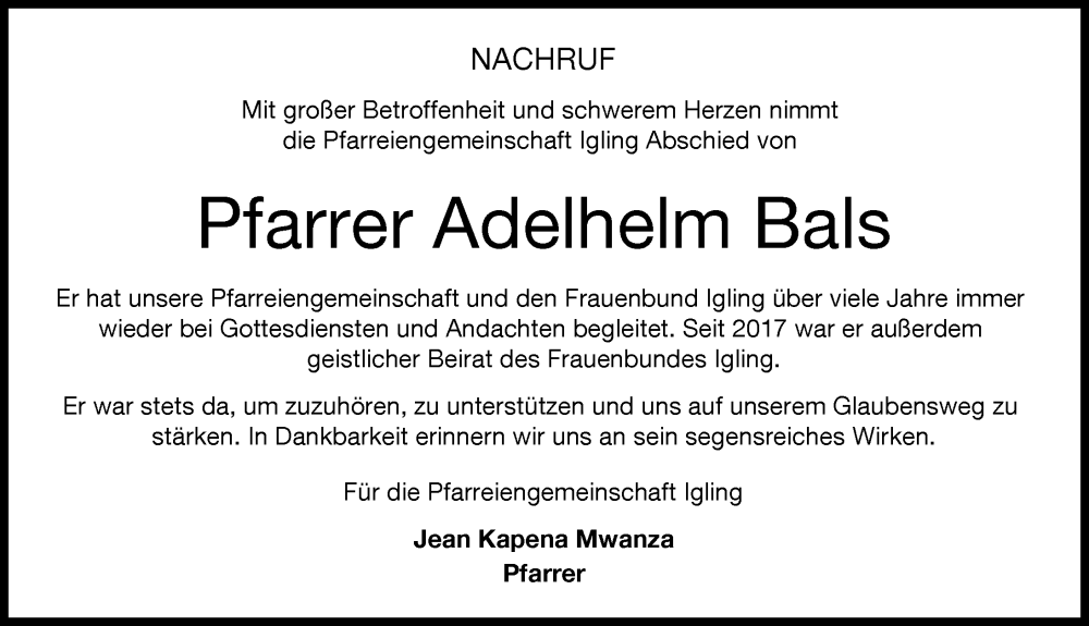 Traueranzeige von Adelhelm Bals von Landsberger Tagblatt, Augsburger Allgemeine