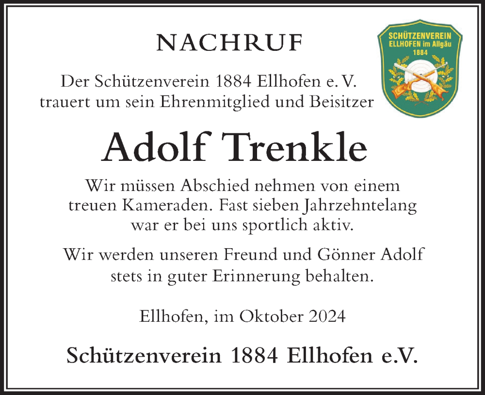 Traueranzeige von Adolf Trenkle von Der Westallgäuer