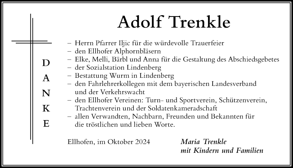 Traueranzeige von Adolf Trenkle von Der Westallgäuer