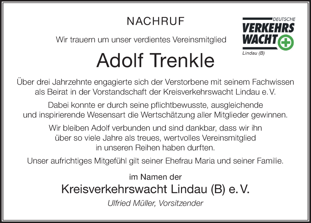 Traueranzeige von Adolf Trenkle von Der Westallgäuer