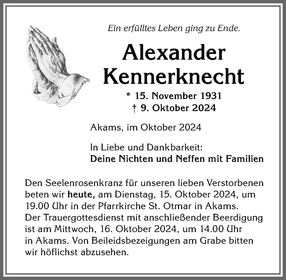 Traueranzeige von Alexander Kennerknecht von Allgäuer Anzeigeblatt