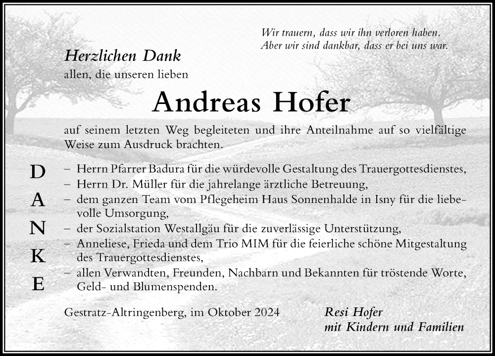 Traueranzeige von Andreas Hofer von Der Westallgäuer