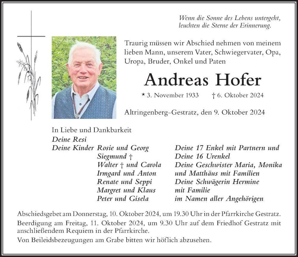 Traueranzeige von Andreas Hofer von Der Westallgäuer