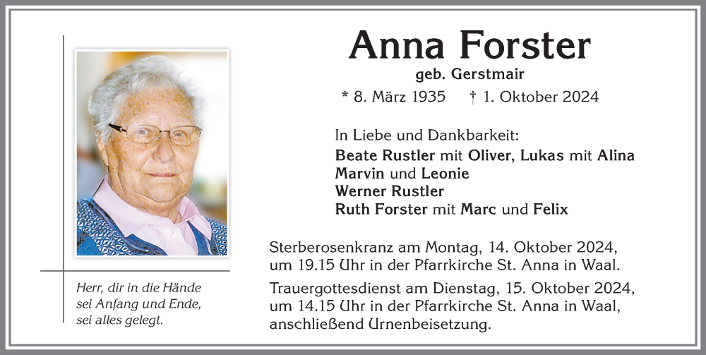 Traueranzeige von Anna Forster von Allgäuer Zeitung, Kaufbeuren/Buchloe