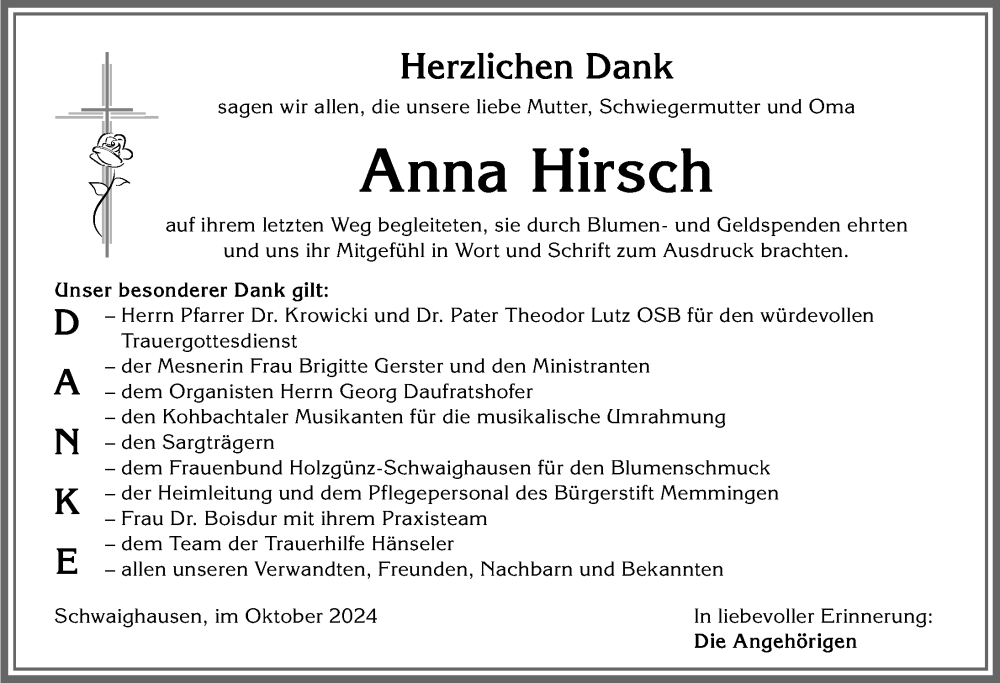 Traueranzeige von Anna Hirsch von Memminger Zeitung