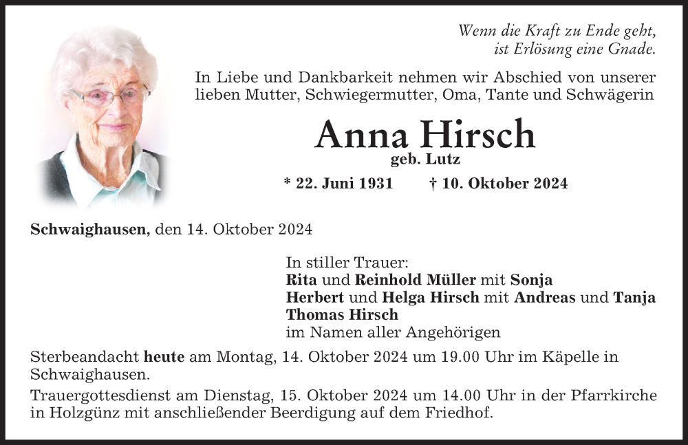 Traueranzeige von Anna Hirsch von Memminger Zeitung