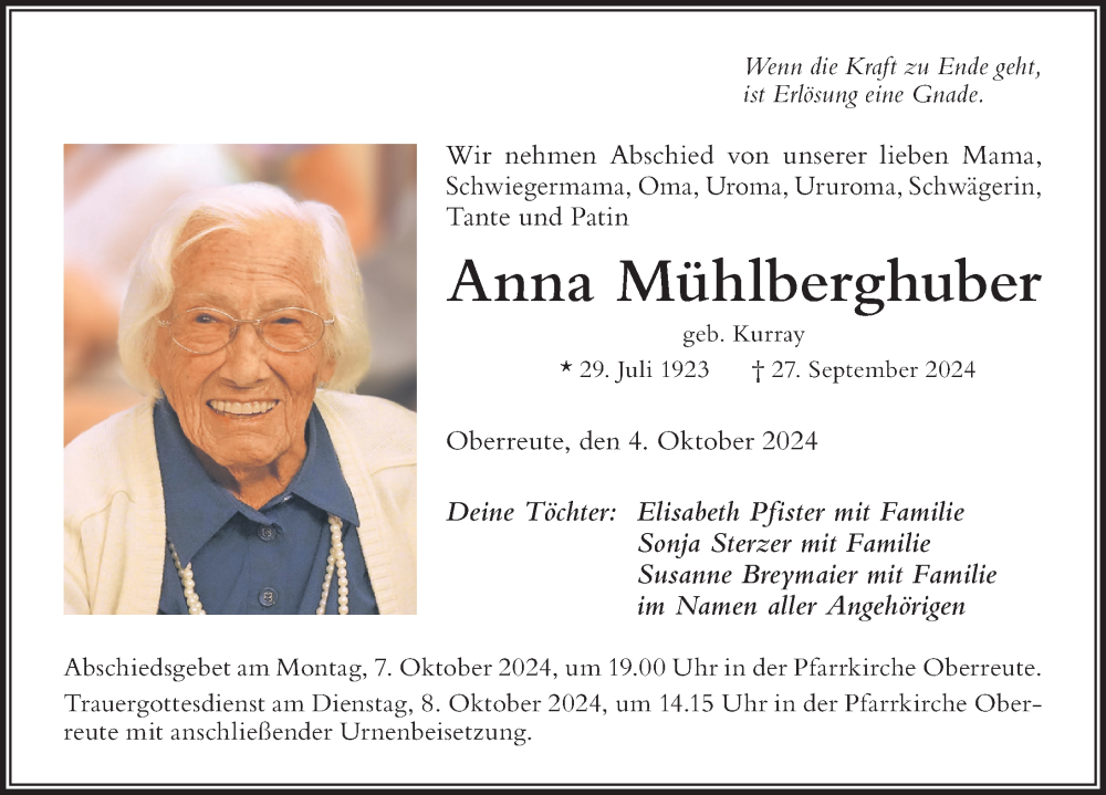 Traueranzeige von Anna Mühlberghuber von Der Westallgäuer