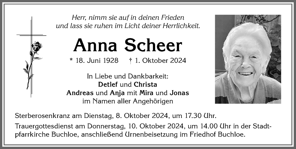 Traueranzeige von Anna Scheer von Allgäuer Zeitung, Kaufbeuren/Buchloe