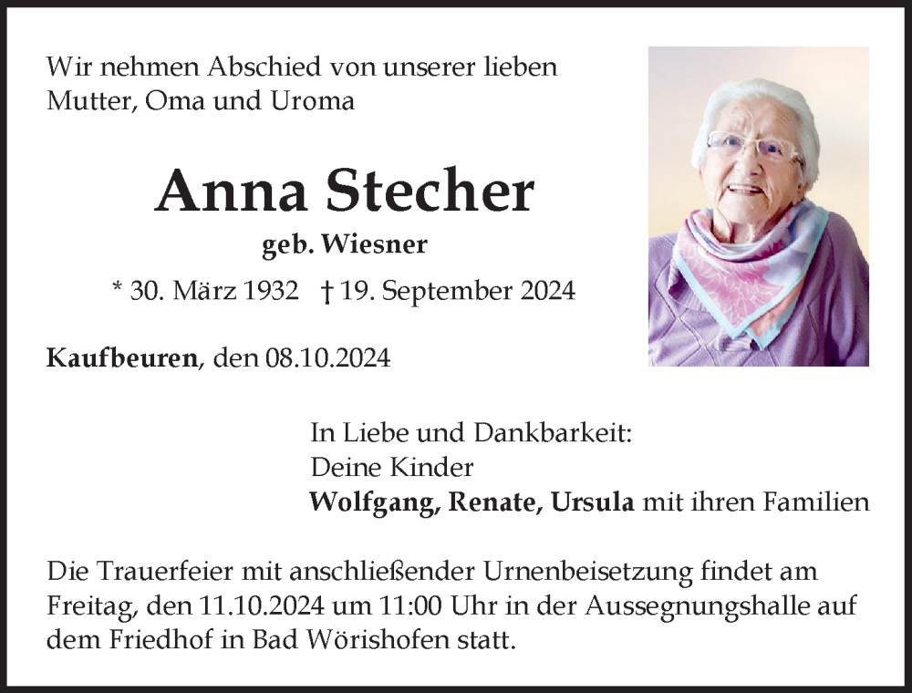 Traueranzeige von Anna Stecher von Allgäuer Zeitung, Kaufbeuren/Buchloe