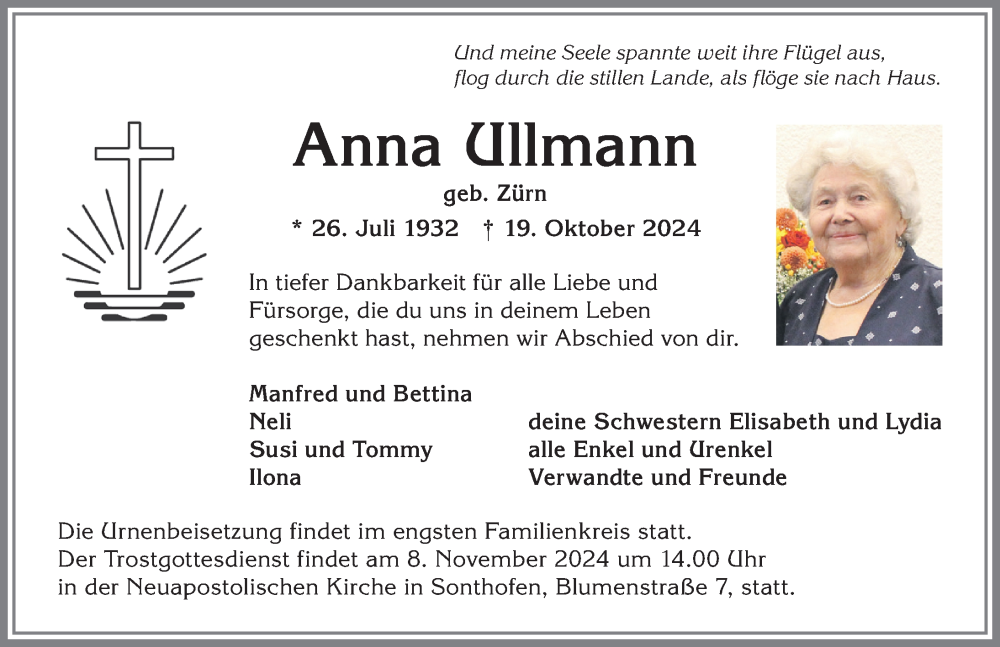 Traueranzeige von Anna Ullmann von Allgäuer Anzeigeblatt