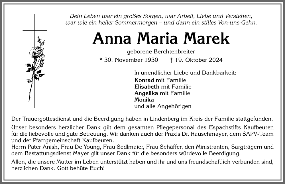 Traueranzeige von Anna Maria Anna Maria von Allgäuer Zeitung, Kaufbeuren/Buchloe