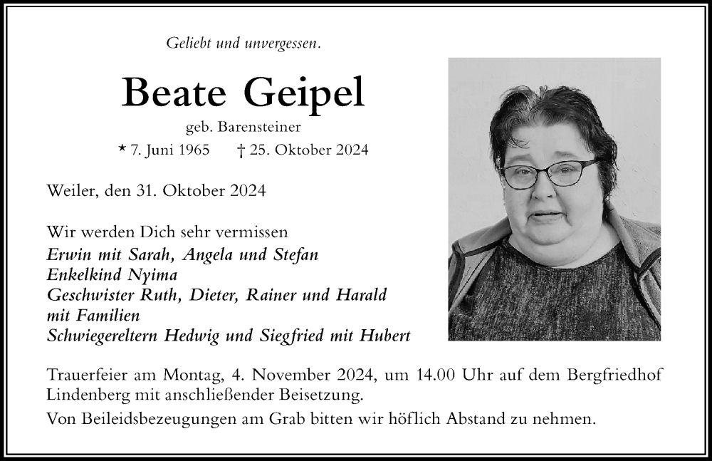 Traueranzeige von Beate Geipel von Der Westallgäuer