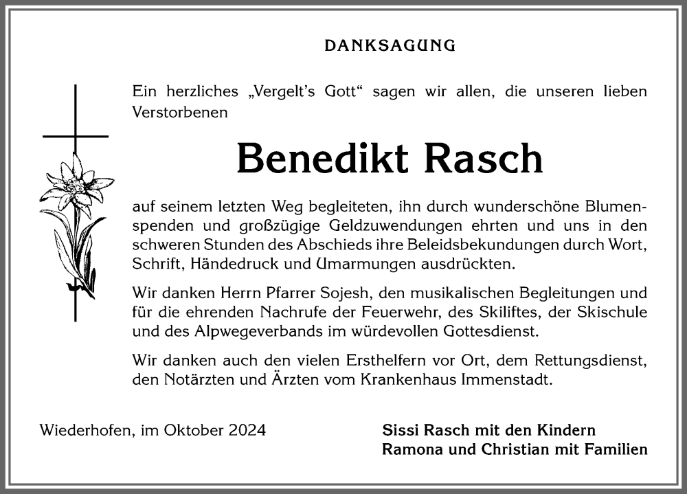 Traueranzeige von Benedikt Rasch von Allgäuer Anzeigeblatt