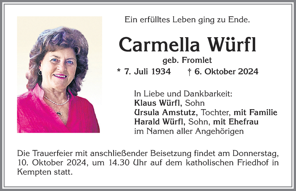 Traueranzeige von Carmella Würfl von Allgäuer Zeitung,Kempten