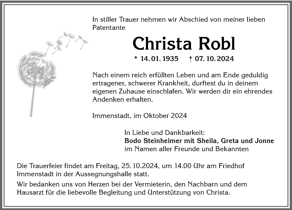 Traueranzeige von Christa Robl von Allgäuer Anzeigeblatt