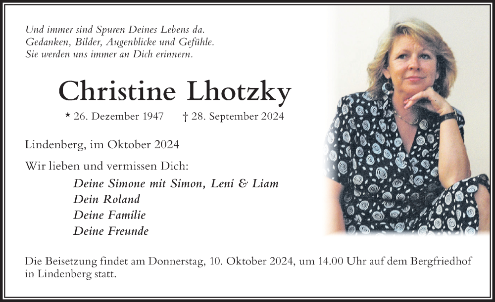 Traueranzeige von Christine Lhotzky von Der Westallgäuer