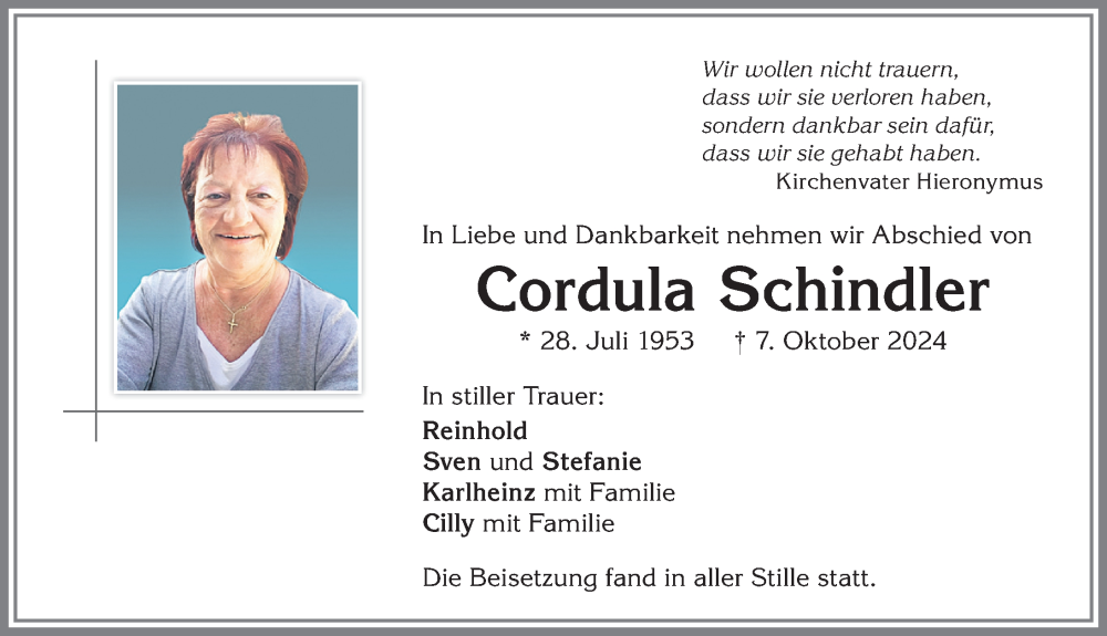 Traueranzeige von Cordula Schindler von Allgäuer Zeitung,Kempten