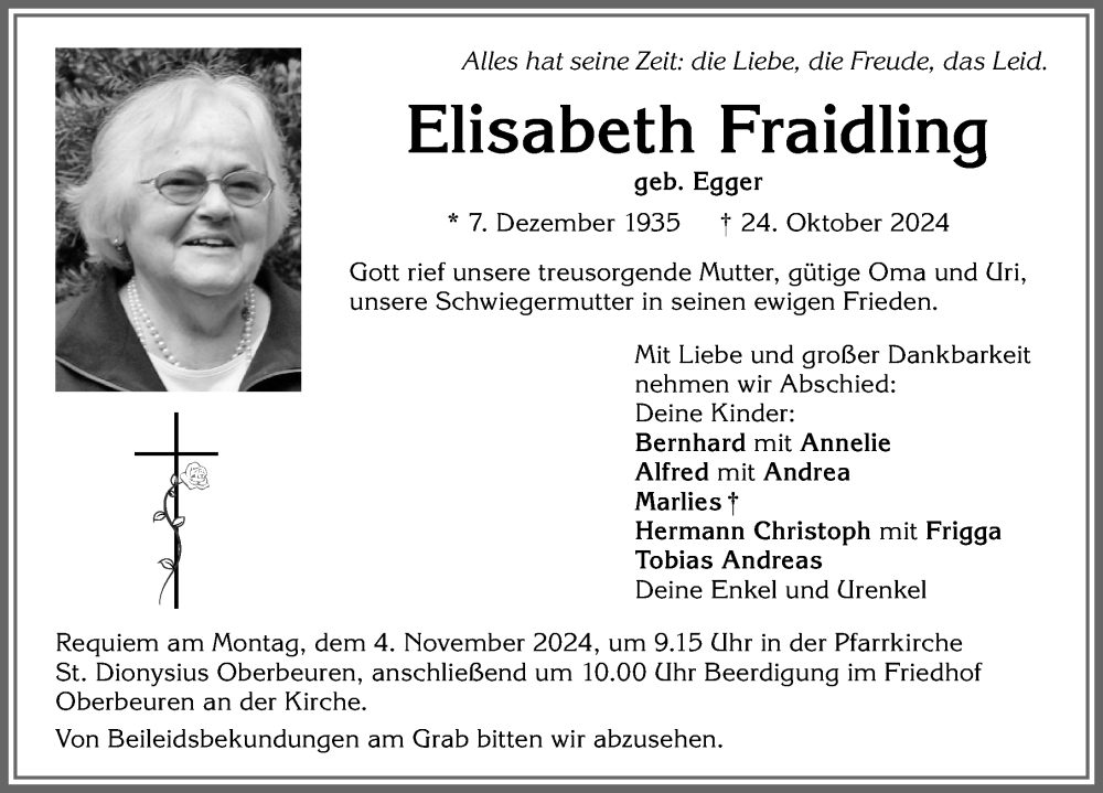 Traueranzeige von Elisabeth Fraidling von Allgäuer Zeitung, Kaufbeuren/Buchloe