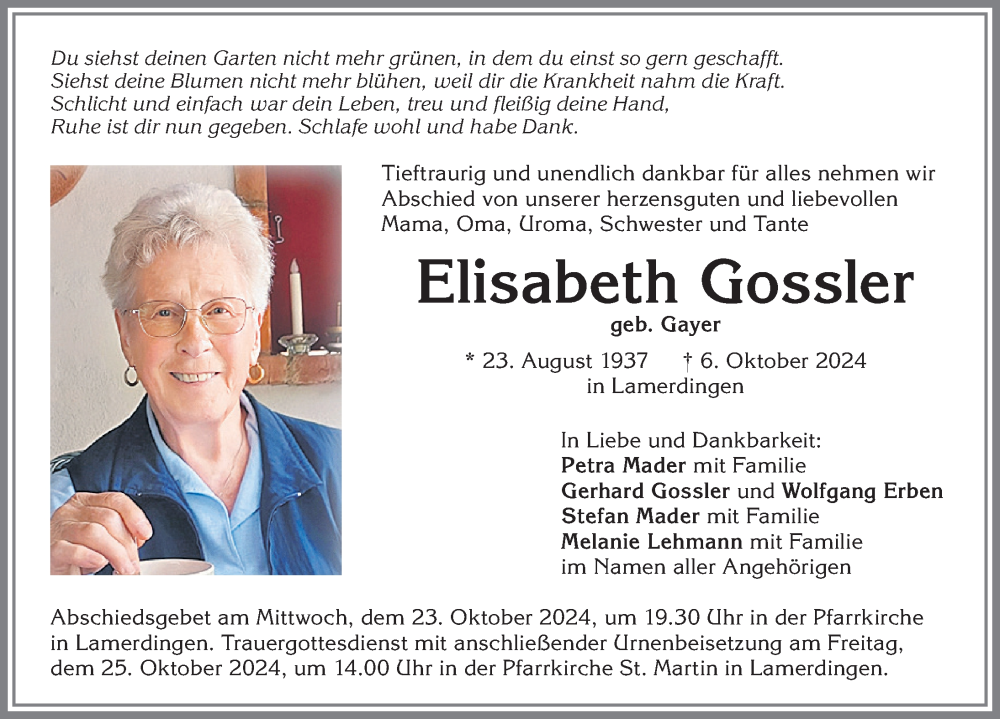 Traueranzeige von Elisabeth Gossler von Allgäuer Zeitung, Kaufbeuren/Buchloe