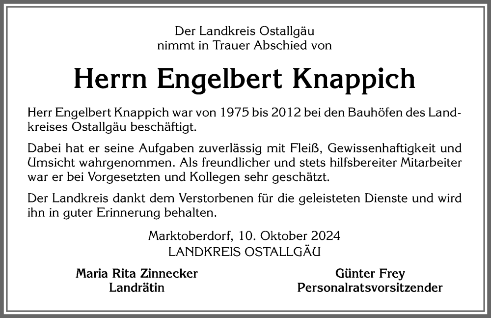 Traueranzeige von Engelbert Knappich von Allgäuer Zeitung, Füssen