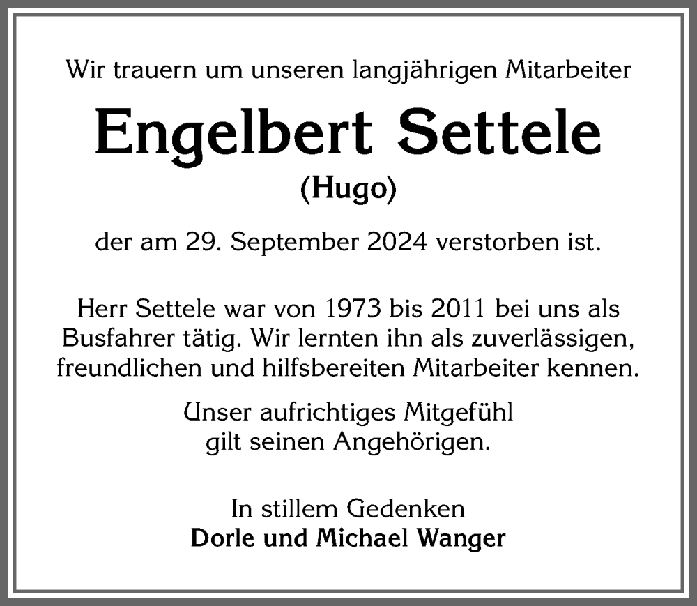 Traueranzeige von Engelbert Settele von Allgäuer Zeitung, Füssen