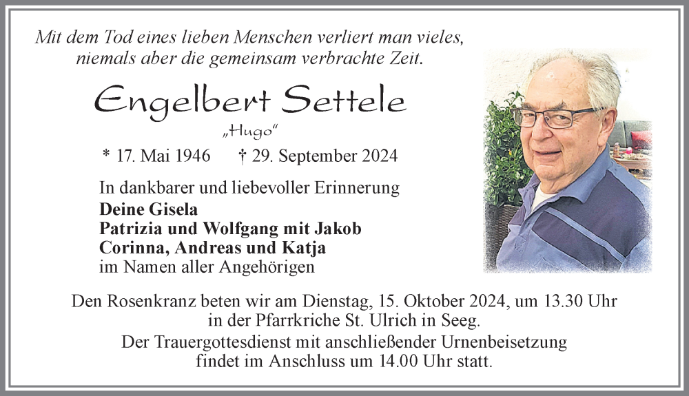 Traueranzeige von Engelbert Settele von Allgäuer Zeitung, Füssen