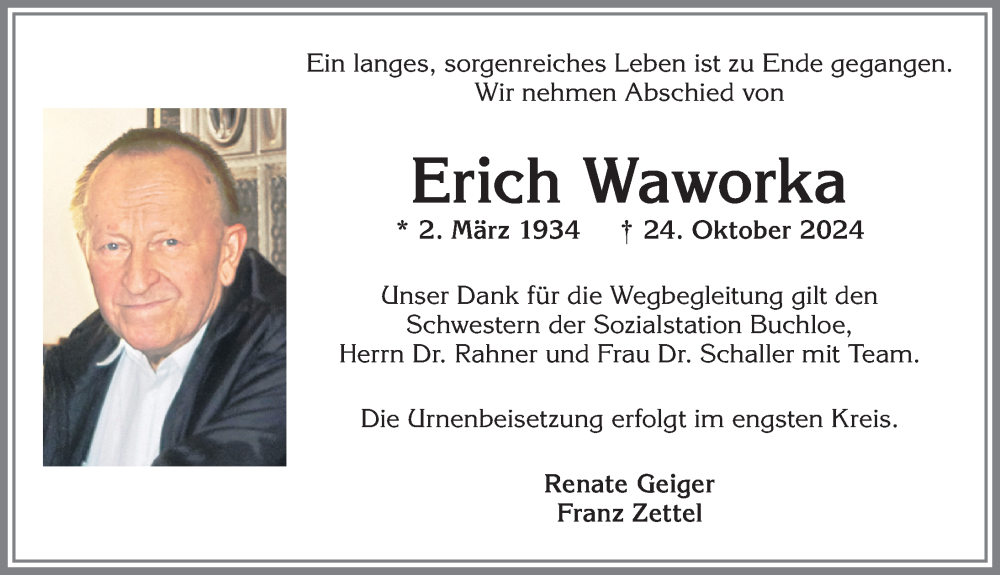 Traueranzeige von Erich Waworka von Allgäuer Zeitung, Kaufbeuren/Buchloe