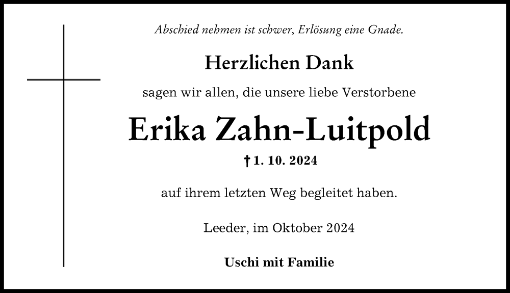 Traueranzeige von Erika Zahn-Luitpold von Augsburger Allgemeine, Landsberger Tagblatt