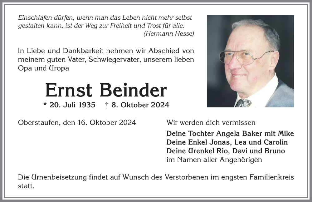 Traueranzeige von Ernst Beinder von Allgäuer Anzeigeblatt