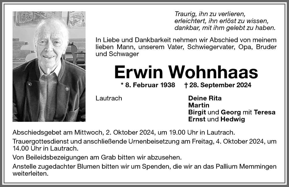 Traueranzeige von Erwin Wohnhaas von Memminger Zeitung