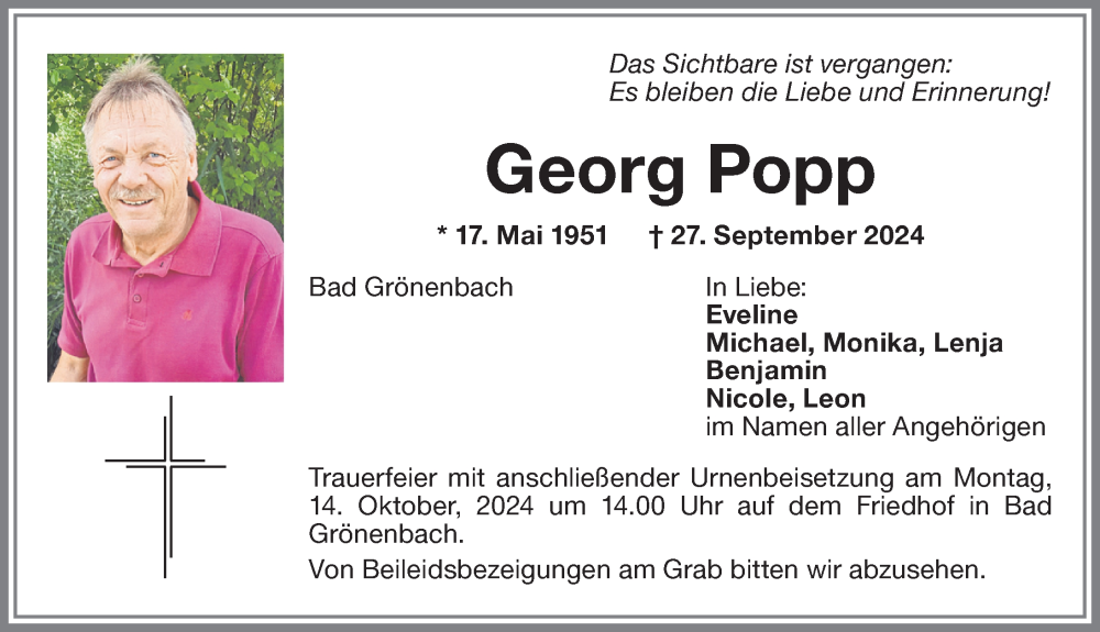 Traueranzeige von Georg Popp von Memminger Zeitung