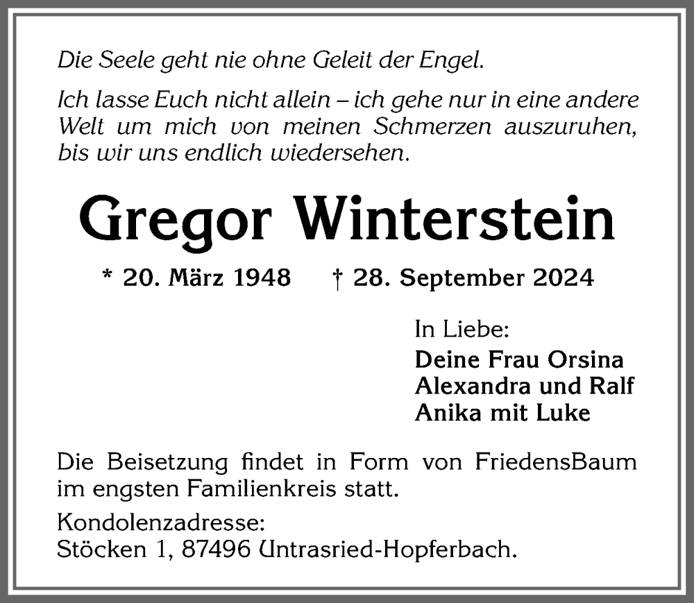 Traueranzeige von Gregor Winterstein von Allgäuer Zeitung, Gesamtausgabe