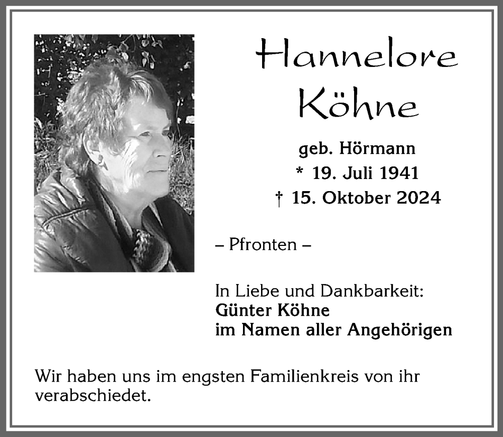 Traueranzeige von Hannelore Köhne von Allgäuer Zeitung, Füssen