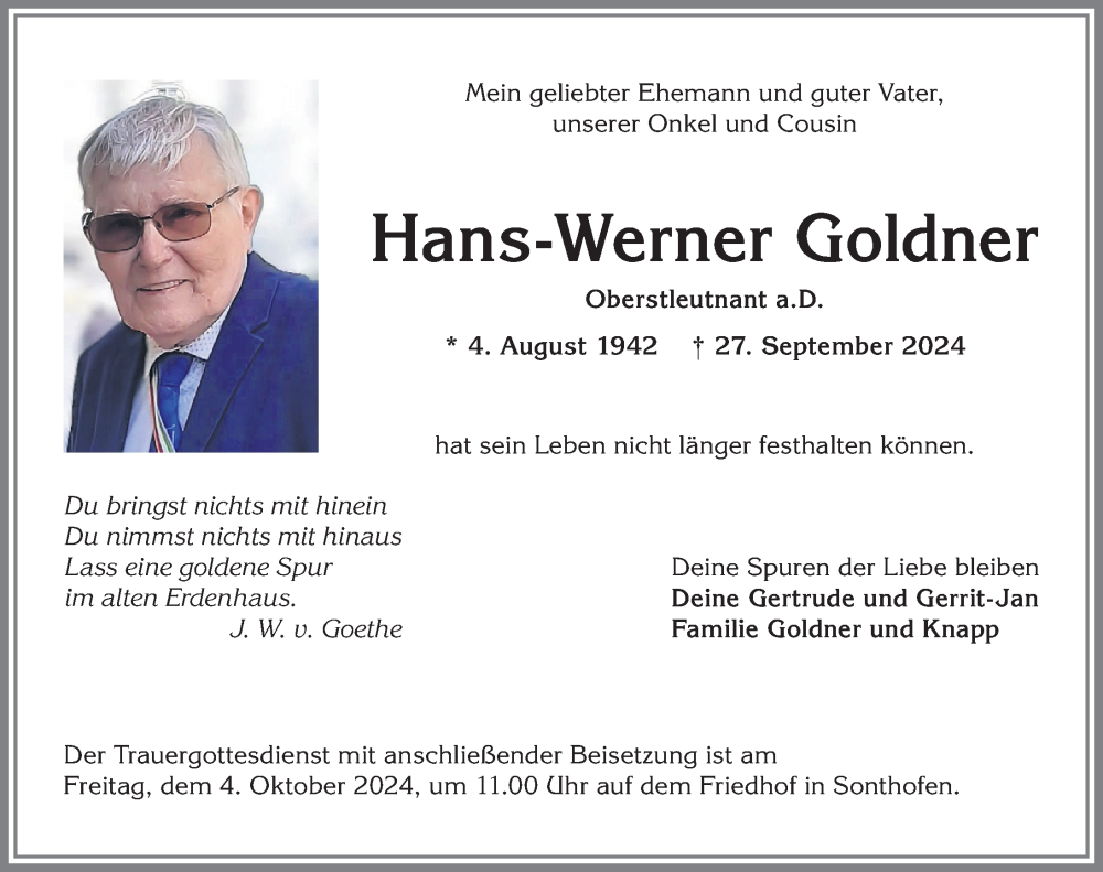 Traueranzeige von Hans-Werner Goldner von Allgäuer Anzeigeblatt