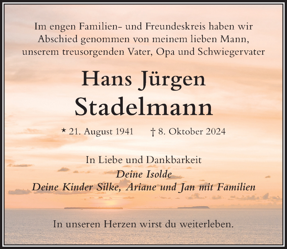 Traueranzeige von Hans Jürgen Stadelmann von Der Westallgäuer