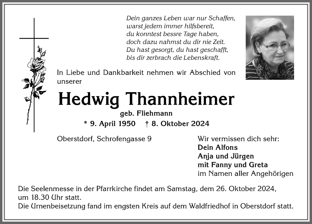 Traueranzeige von Hedwig Thannheimer von Allgäuer Anzeigeblatt