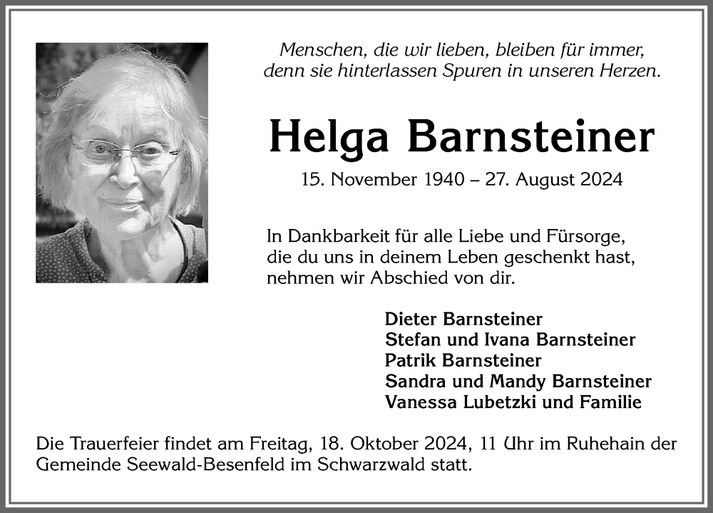 Traueranzeige von Helga Barnsteiner von Allgäuer Anzeigeblatt