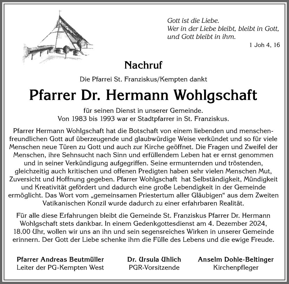 Traueranzeige von Hermann Wohlgschaft von Allgäuer Zeitung,Kempten