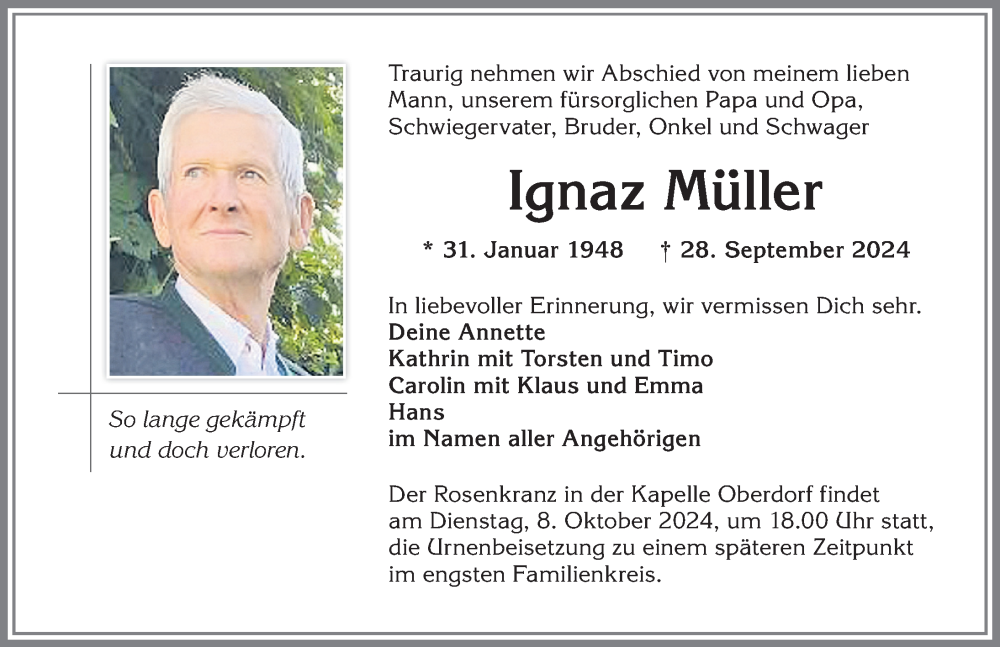 Traueranzeige von Ignaz Müller von Allgäuer Anzeigeblatt