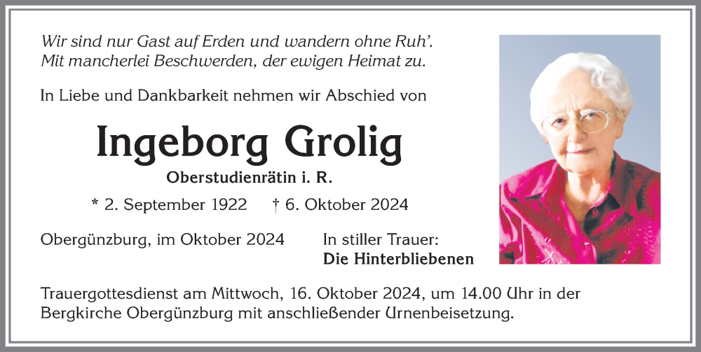 Traueranzeige von Ingeborg Grolig von Allgäuer Zeitung, Marktoberdorf